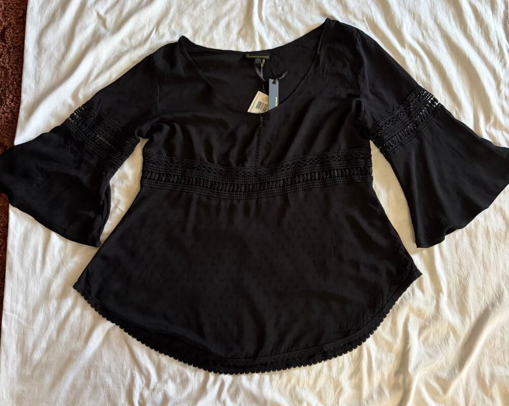 NWT Black Bell Sleeve Blouse Bohemian Witchy Whimsygoth Crochet Feminine L